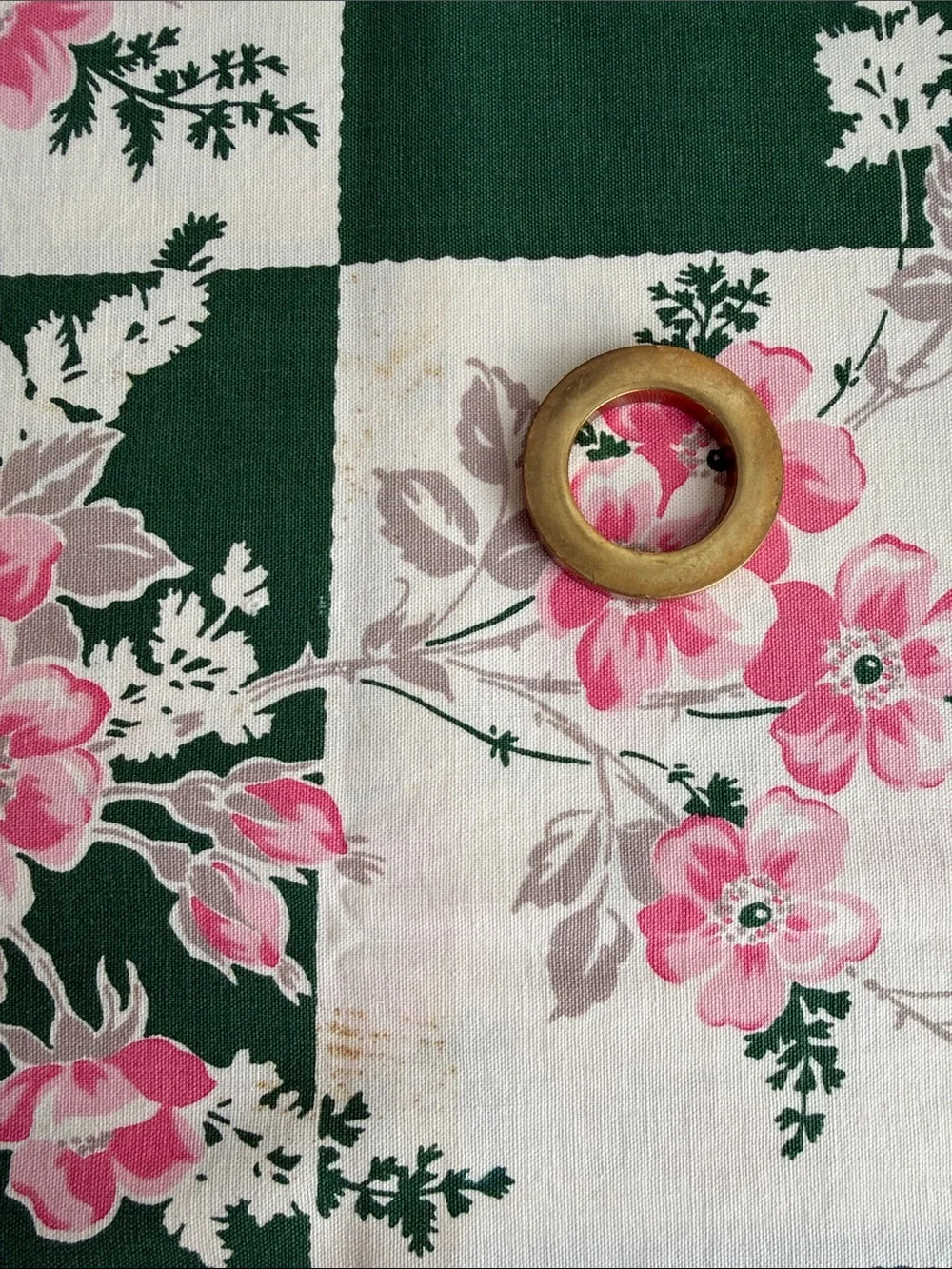 Vintage 1950s Tablecloth Pink Roses Green Check Floral Cotton 54x48 Mid Century
